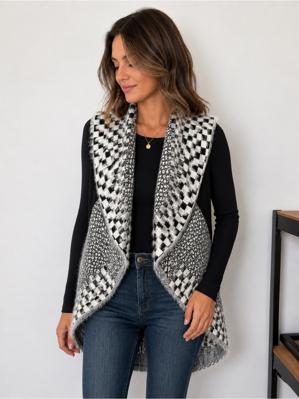 Cozy Black & White Patterned Open Front Sweater Vest